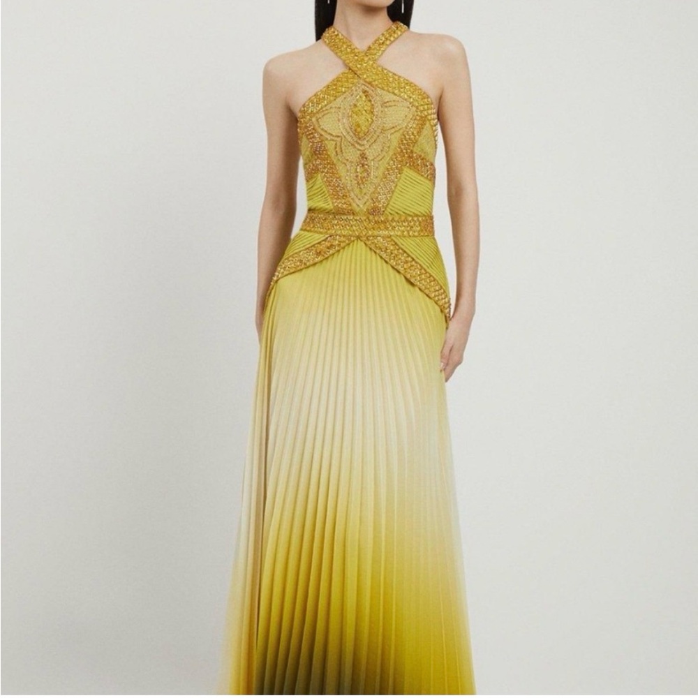Karen Millen Yellow Ombre Beaded Halter Maxi Dress